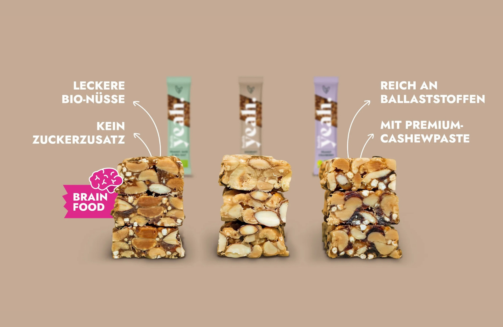 Health Yeah Riegel mit Fokus auf Bio-Nüsse, keinen Zuckerzusatz und Ballaststoffe